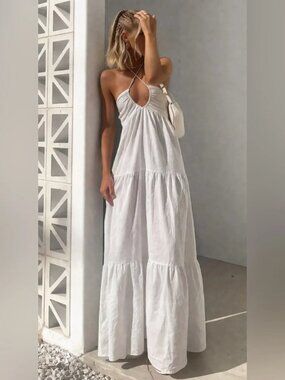 Princess Polly White Halter Tiered Maxi Dress Linen Blend NWT White Size 2